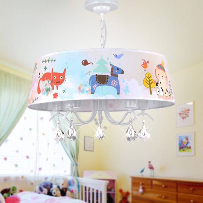 Tissu tambour plafond Carton de lustre 5 lumières Kit de lampe suspendue bleu avec motif d'animaux et gouttelettes en cristal