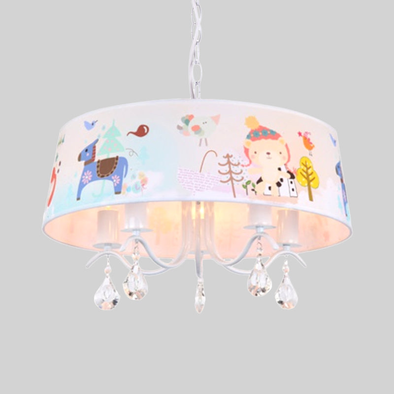 Tissu tambour plafond Carton de lustre 5 lumières Kit de lampe suspendue bleu avec motif d'animaux et gouttelettes en cristal