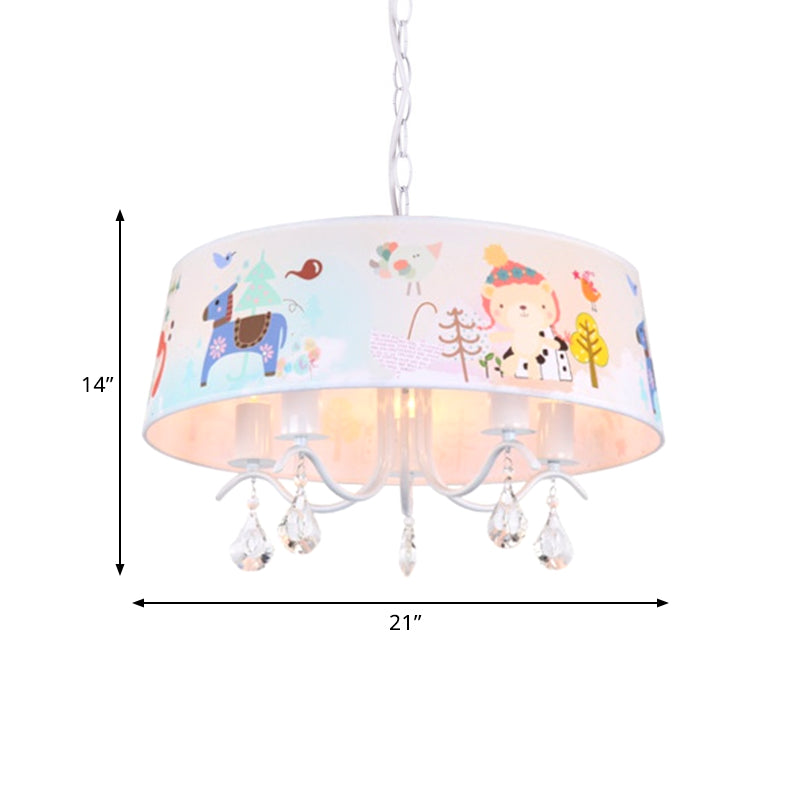 Tissu tambour plafond Carton de lustre 5 lumières Kit de lampe suspendue bleu avec motif d'animaux et gouttelettes en cristal
