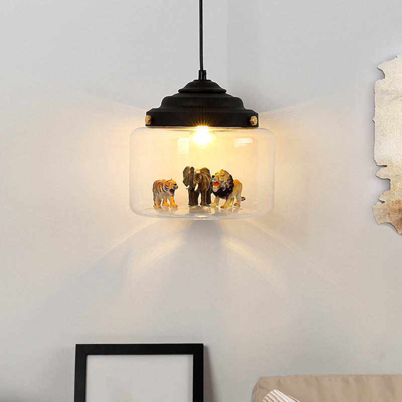 Jar Shaped Clear Glass Pendulum Light Nordic Style 1 Light White/Black Suspension Lamp with Animals Deco
