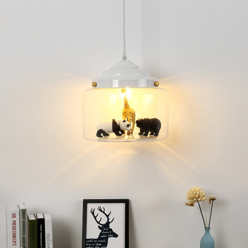 Jar Shaped Clear Glass Pendulum Light Nordic Style 1 Light White/Black Suspension Lamp with Animals Deco
