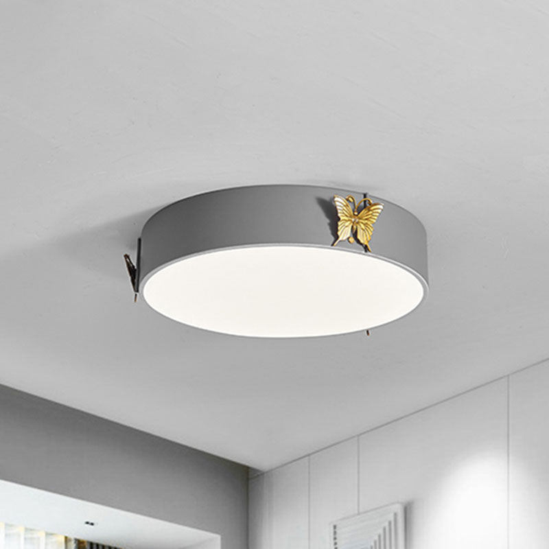Drum Ceiling Mounted Light Nordic Metal LED Bedroom Flush Lamp Fixture in Grey with Butterfly Deco, White/Warm Light