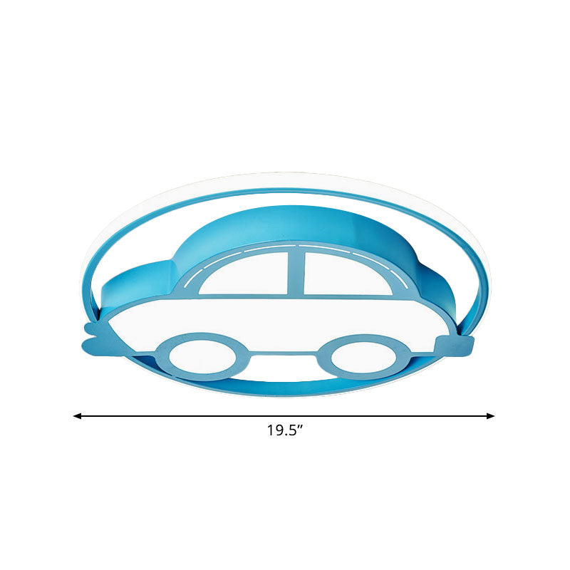 Cartoon Car Shape Flush Light Fixture Metal LED Bedroom Flush Mount Lamp in Blue, White/Warm Light