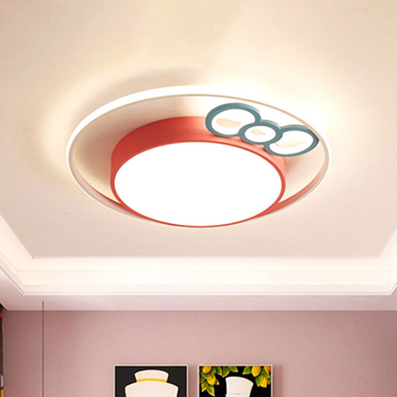 Kids LED Ceiling Mounted Fixture Pink/Blue Finish Bow and Round Flushmount Light in Warm/White Light, 18"/23" Dia