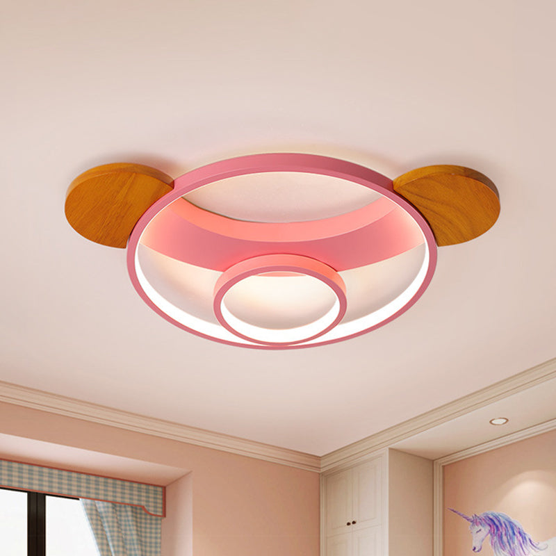 16"/19.5" W Bear Head Shape Flush Lamp Cartoon Metal LED Bedroom Flush Mount in Pink/Blue and Wood, Warm/White Light