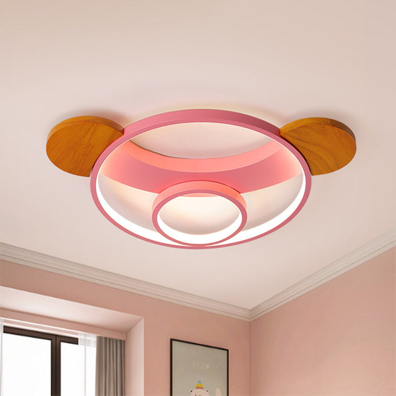 16"/19.5" W Bear Head Shape Flush Lamp Cartoon Metal LED Bedroom Flush Mount in Pink/Blue and Wood, Warm/White Light