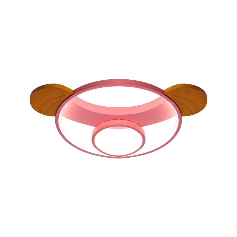 16"/19.5" W Bear Head Shape Flush Lamp Cartoon Metal LED Bedroom Flush Mount in Pink/Blue and Wood, Warm/White Light