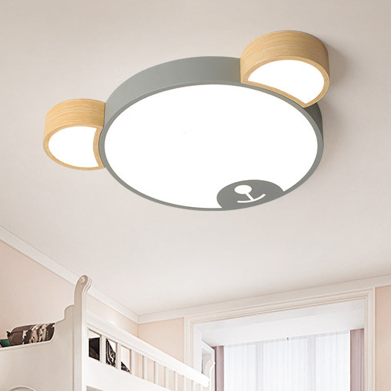 Metallic Bear Head Shaped Flushmount Nordic Grey/Green and Wood LED Ceiling Flush in Warm/White Light, 18"/21.5" Wide