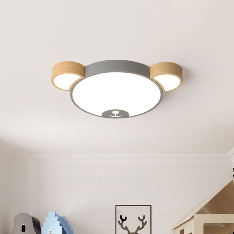 Metallic Bear Head Shaped Flushmount Nordic Grey/Green and Wood LED Ceiling Flush in Warm/White Light, 18"/21.5" Wide