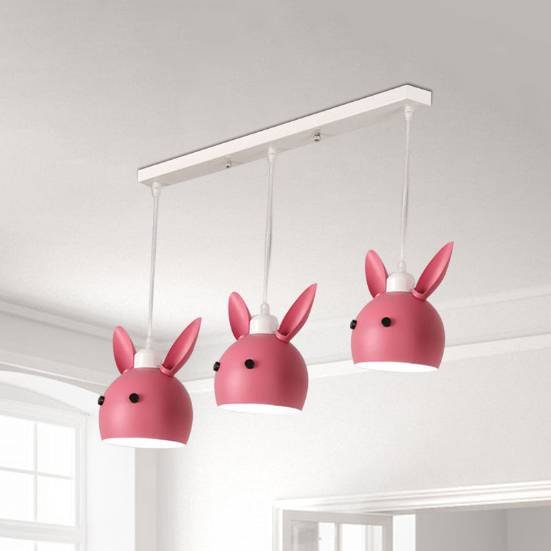 Macaron 3-Light Multiple Hanging Light Grey/Pink Rabbit Head Shape Pendulum Lamp with Metal Shade