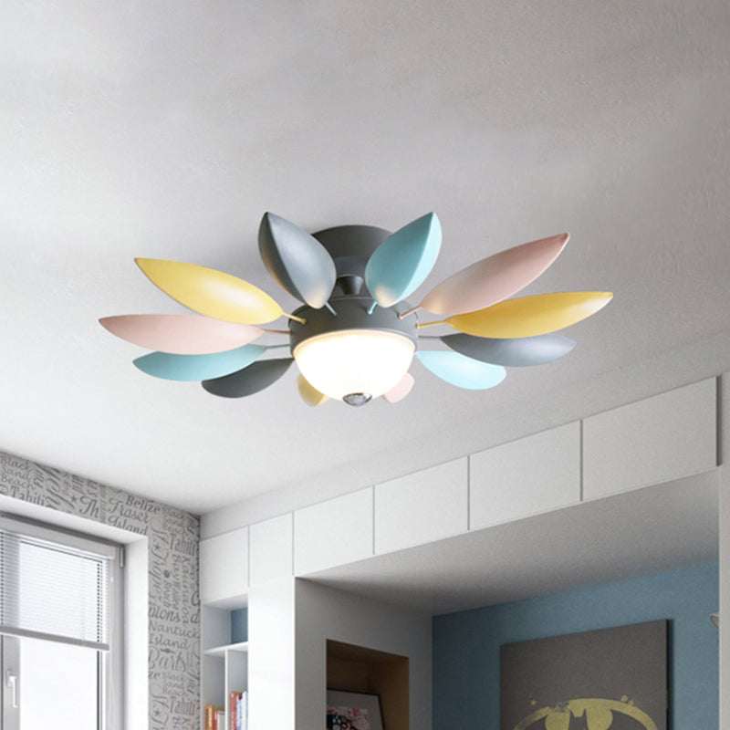 Macaron Blossom Semi Flush Lighting Metallic LED Bedroom Flush Ceiling Lamp Fixture in Grey, Warm/White Light