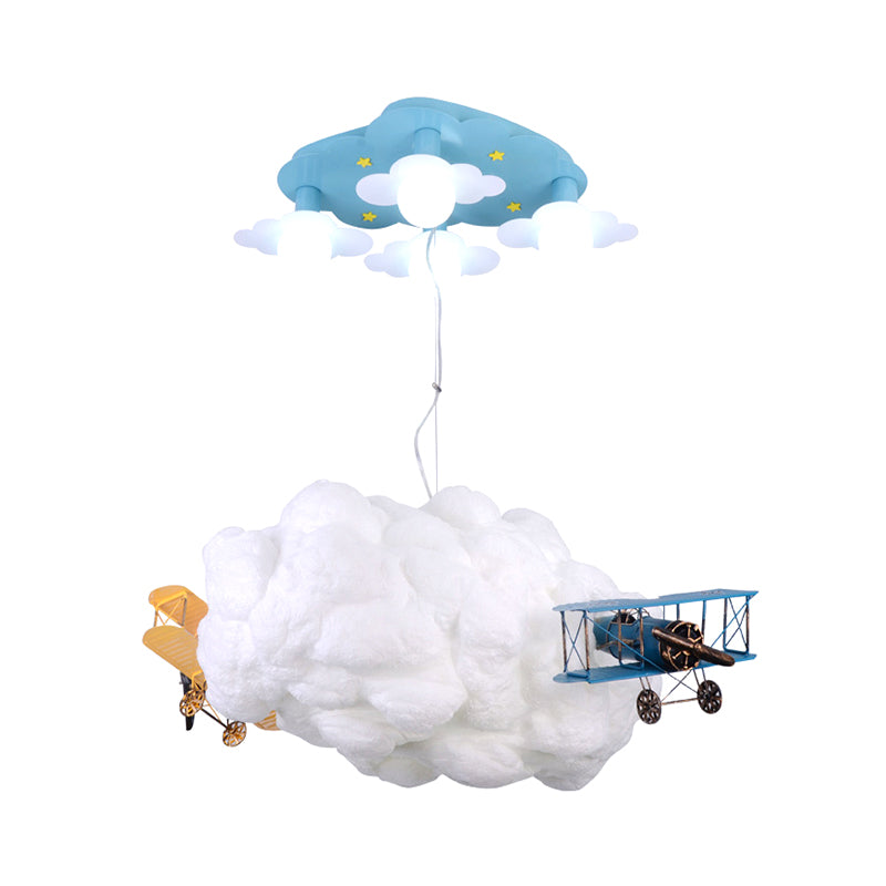 Cartoon -Wolke und Flugzeug hängen Kronleuchter Metall 7 Lampen Kinder Schlafzimmer Decke Anhänger Licht in Weiß