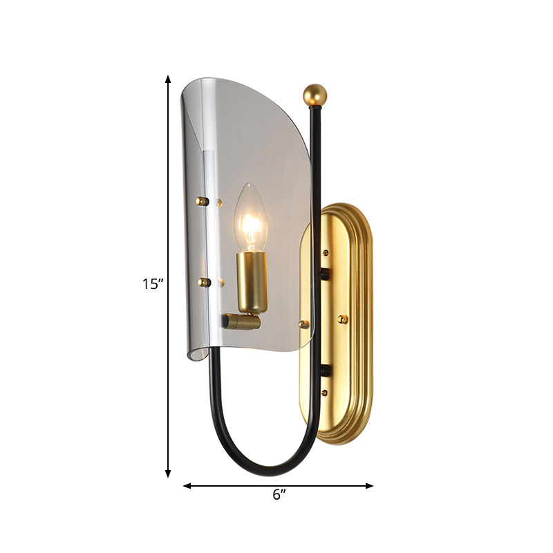1-Licht-Hall-Wand-Lampe Mitte des Jahrhunderts Schwarz-Brass-Leuchtenbeleuchtung mit geschwungener rauchgrauer Glasschatten