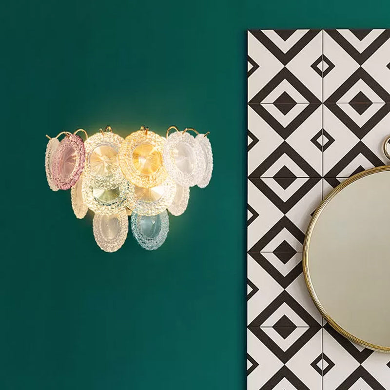 Mur à disque en couches moderniste Rose clair et verre bleu 5 ampoules Mur