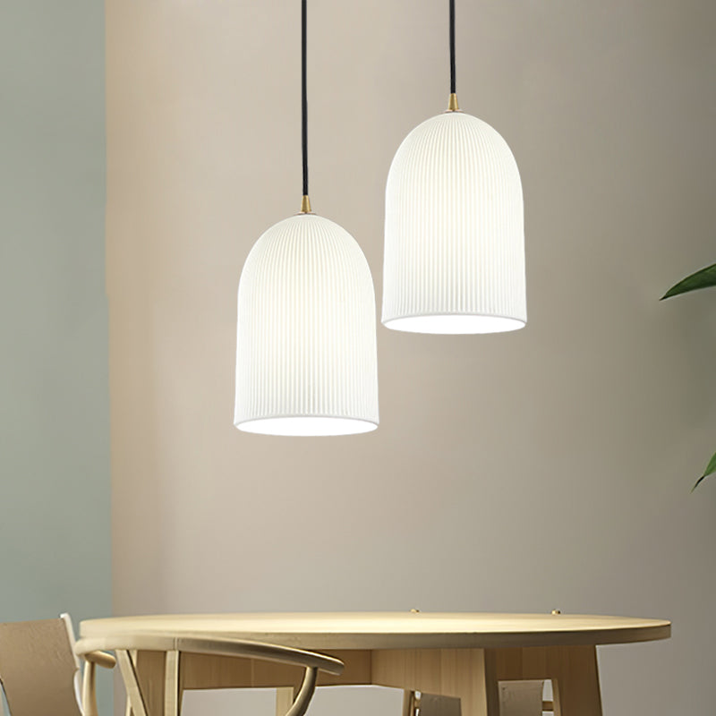 1 Bulb Bedroom Pendulum Light Minimalistic Black Hanging Pendant with Bell White Glass Lamp Shade