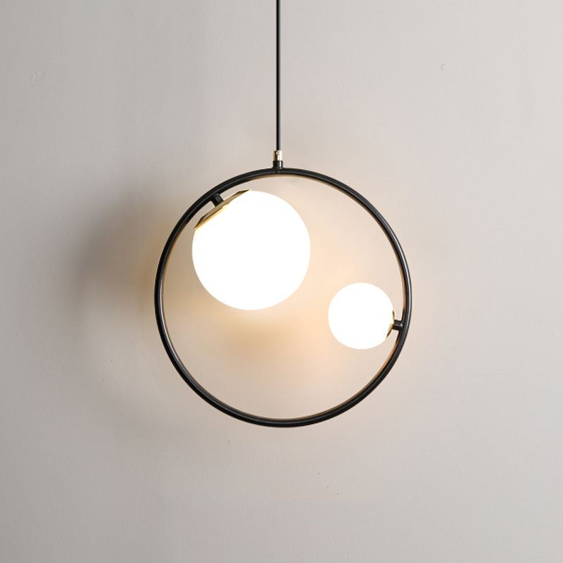 Black Loop Pendant Chandelier Contemporary 2 Lights Metal Hanging Light with Ball Opaline Glass Lamp Shade