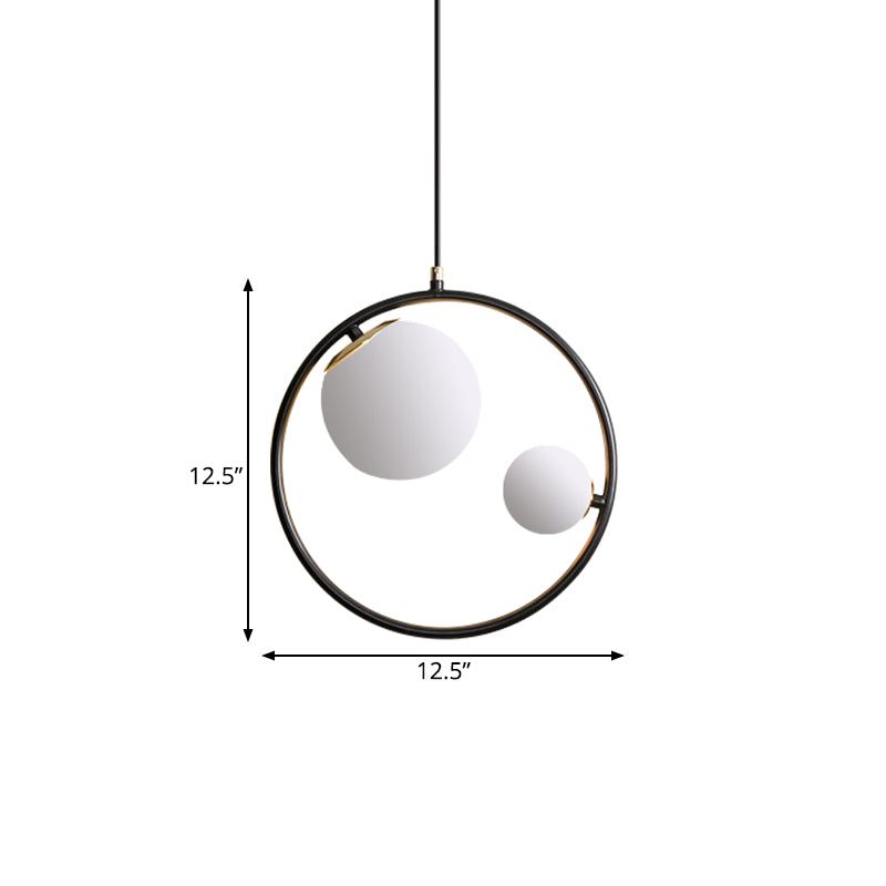 Black Loop Pendant Chandelier Contemporary 2 Lights Metal Hanging Light with Ball Opaline Glass Lamp Shade