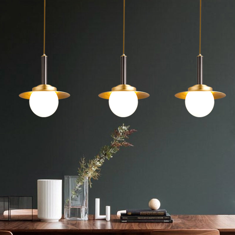Metal Cap Pendant Light Fixture Post-Modern 1 Head Brass Hanging Lamp Kit with Bottom Ball Glass Shade