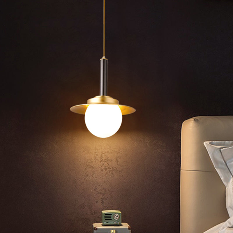 Metal Cap Pendant Light Fixture Post-Modern 1 Head Brass Hanging Lamp Kit with Bottom Ball Glass Shade