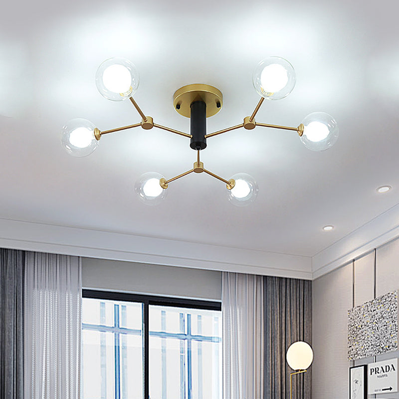 Postmodern Molecule Ceiling Light Clear and White Glass 6 Heads Bedroom Semi Flush Mount Lighting in Gold