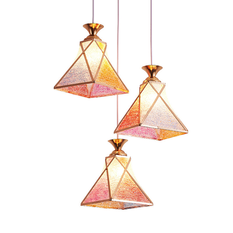 3-Head Dining Room Multiple Hanging Light Modern Stylish Rose Gold Pendant Lamp with Pyramidal Gradient Pink Glass Shade