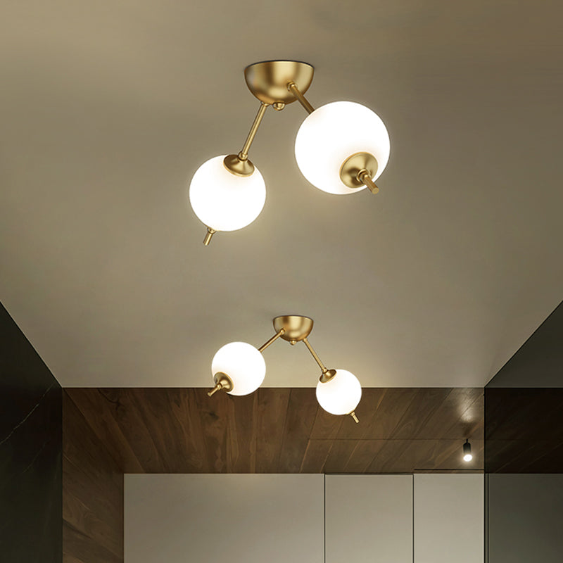 2/3 Lights Living Room Semi Flush Postmodern Brass Ceiling Mount Light with Branching Ivory Glass Shade