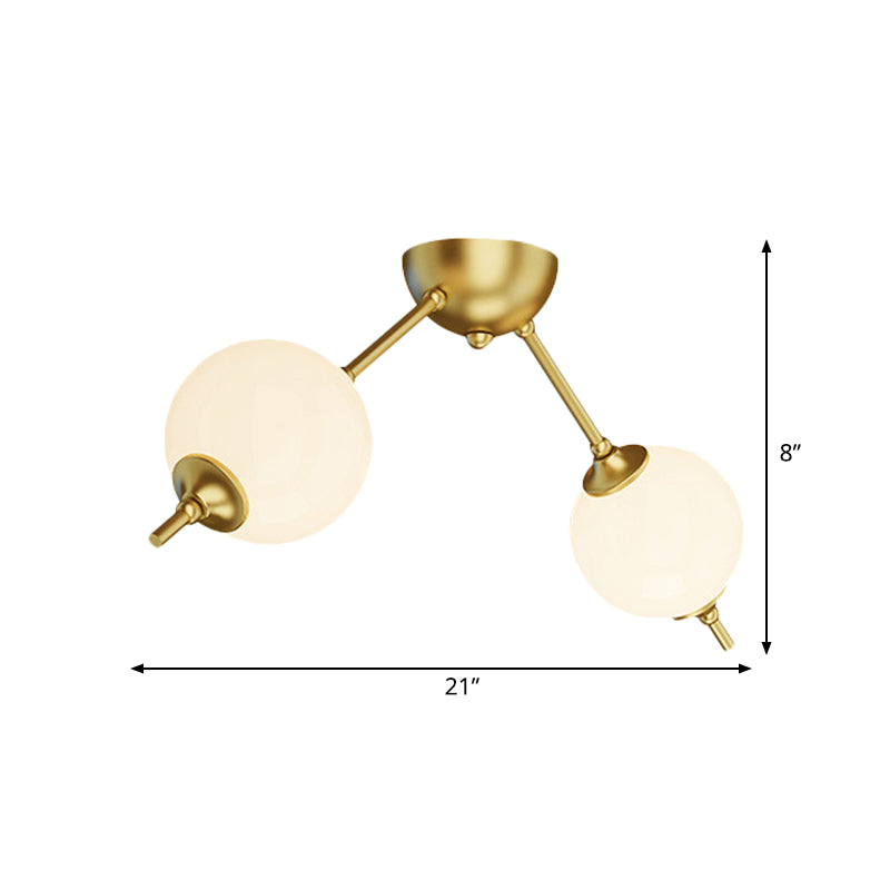 2/3 Lights Living Room Semi Flush Postmodern Brass Ceiling Mount Light with Branching Ivory Glass Shade