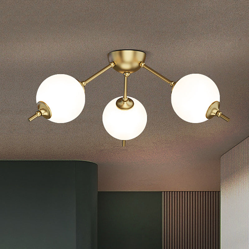 2/3 Lights Living Room Semi Flush Postmodern Brass Ceiling Mount Light with Branching Ivory Glass Shade