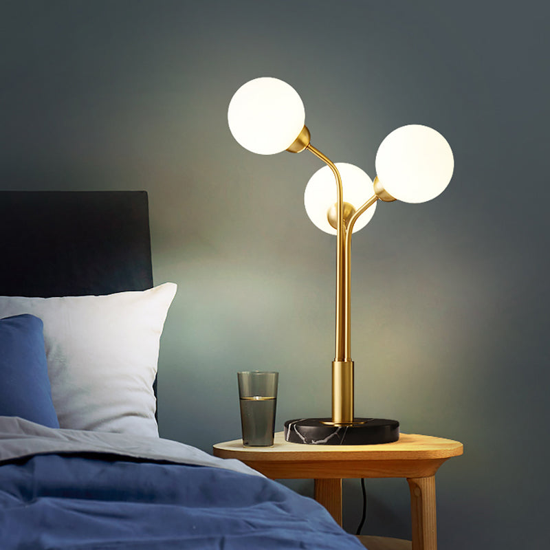 Furcated Nightstand Light Postmodern Opaline Glass 3 Heads Bedside Table Lamp in Brass