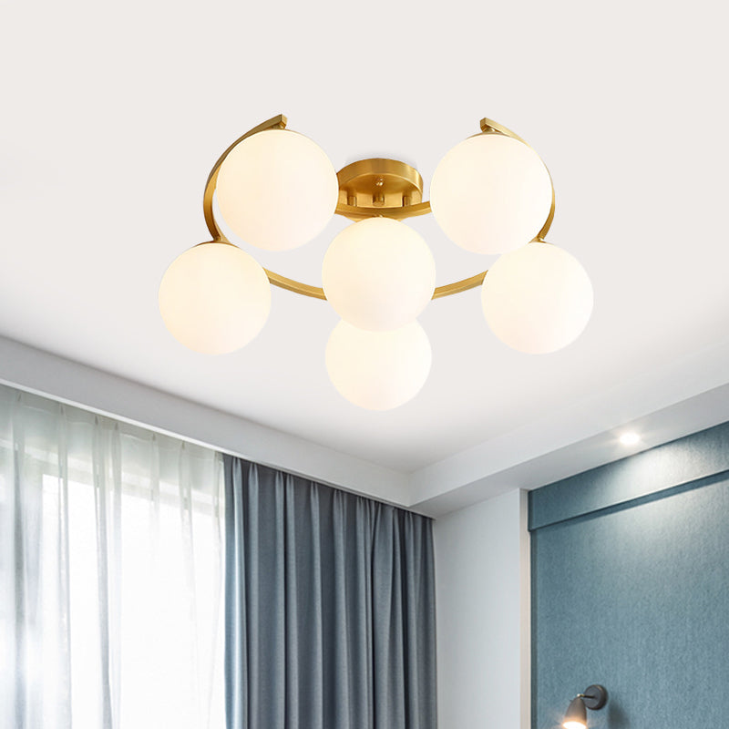 Modern Ball Milk Glass Flush Light 3/6 Heads Close to Ceiling Lamp with Crescent Canopy in Brass