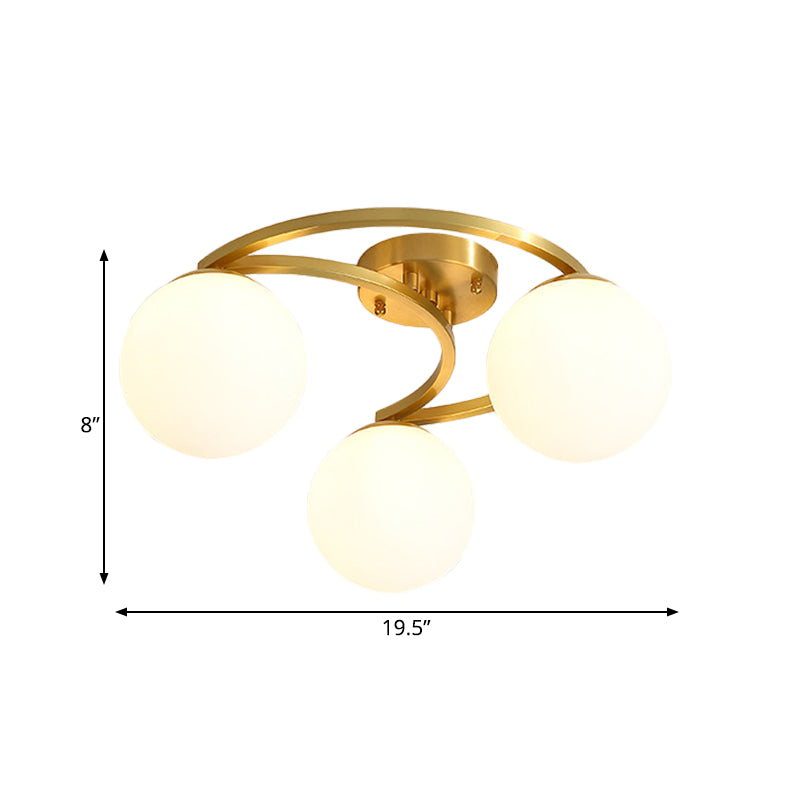 Modern Ball Milk Glass Flush Light 3/6 Heads Close to Ceiling Lamp with Crescent Canopy in Brass