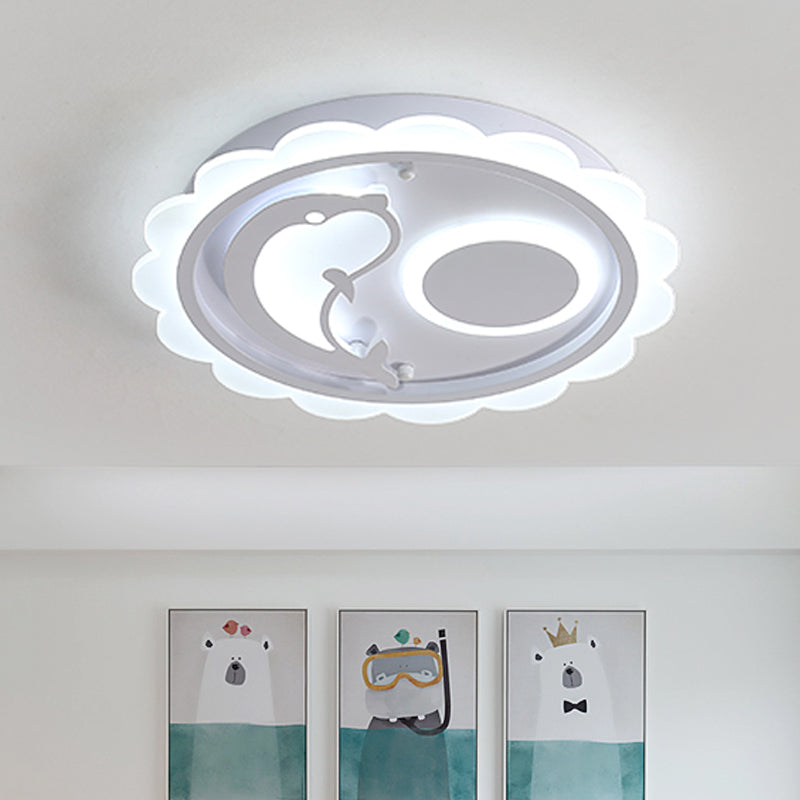 Dolphin Thin Ceiling Light Fixture Kids Style Acrylic White LED Flushmount Lighting with Scalloped Edge, Warm/White Light