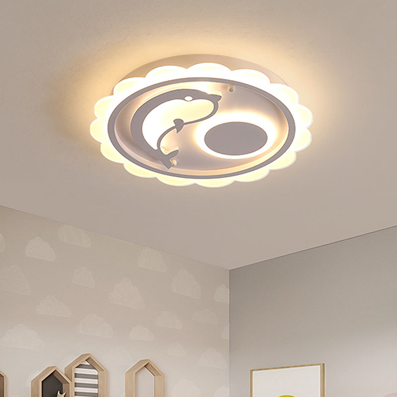 Dolphin Thin Ceiling Light Fixture Kids Style Acrylic White LED Flushmount Lighting with Scalloped Edge, Warm/White Light