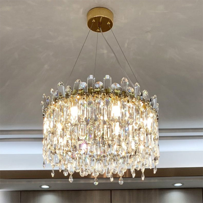 8 Bulbs Round Chandelier Lamp Simple Style Gold Faceted Crystal Drop Pendant for Bedroom