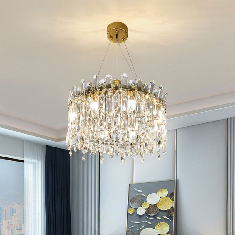 8 Bulbs Round Chandelier Lamp Simple Style Gold Faceted Crystal Drop Pendant for Bedroom
