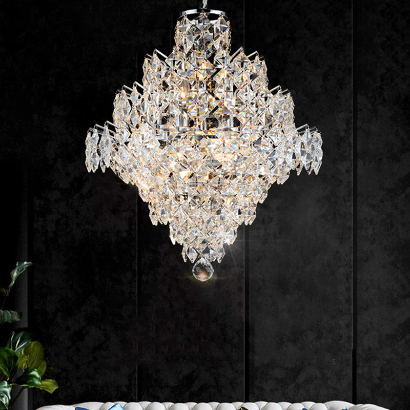 8 Bulbs Faceted Crystal Semi Flush Light Modernist Tiered Living Room Ceiling Fixture