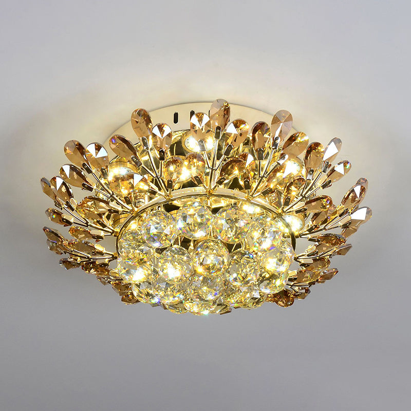 Cognac and Clear Crystal Gold Ceiling Lamp Branch LED Contemporary Flush Mount Lighting Fixture in Gold for Living Room
