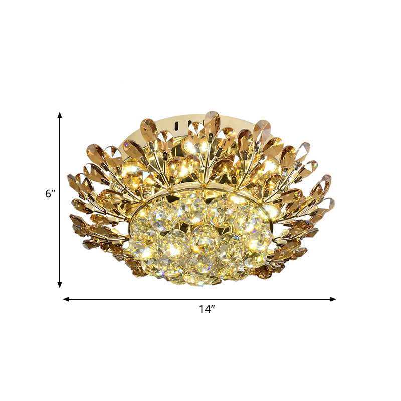 Cognac and Clear Crystal Gold Ceiling Lamp Branch LED Contemporary Flush Mount Lighting Fixture in Gold for Living Room