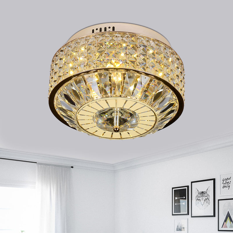 Modern Round Ceiling Mount 12"/16" Wide LED Faceted Crystal Flush Light Fixture in Gold for Bedroom