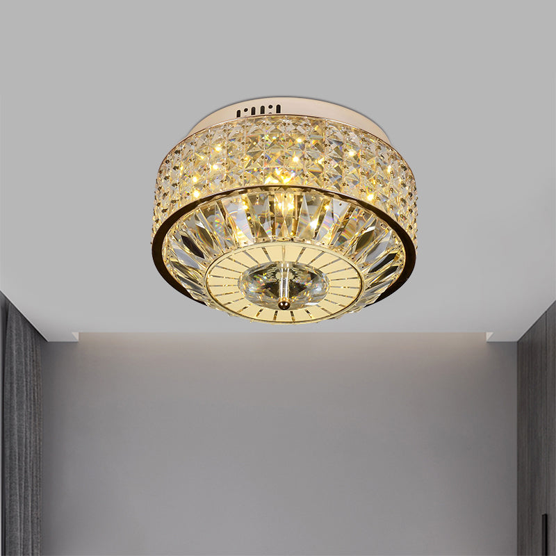 Modern Round Ceiling Mount 12"/16" Wide LED Faceted Crystal Flush Light Fixture in Gold for Bedroom