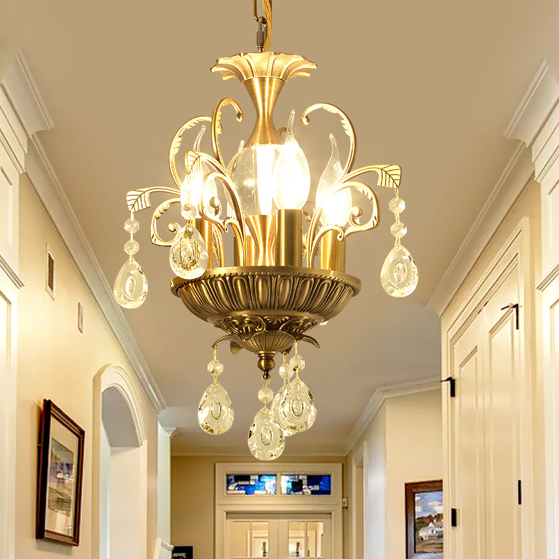 Candle/Tiered Crystal Chandelier Light Vintage 4 Heads Corridor Pendant Lighting Fixture with Swril Arm in Brass