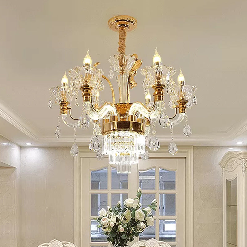 Clear Glass Candelabra Chandelier Traditional 6-Light Dining Room Ceiling Suspension Lamp in Gold with Cystal Accent