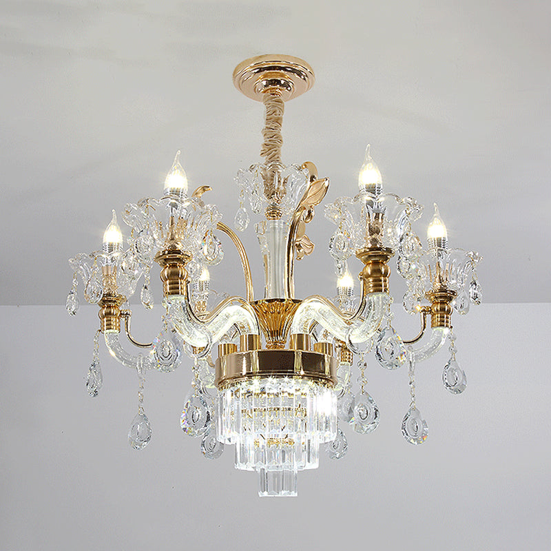 Clear Glass Candelabra Chandelier Traditional 6-Light Dining Room Ceiling Suspension Lamp in Gold with Cystal Accent