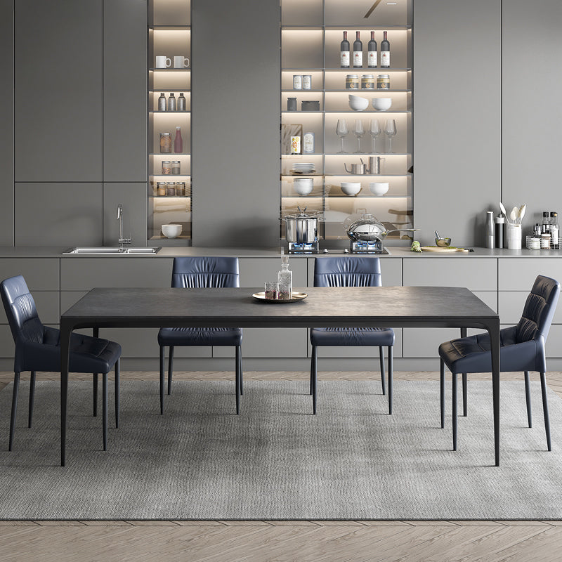 Modern Rectangular Grey Stone Top Dining Table with 4 Black Legs