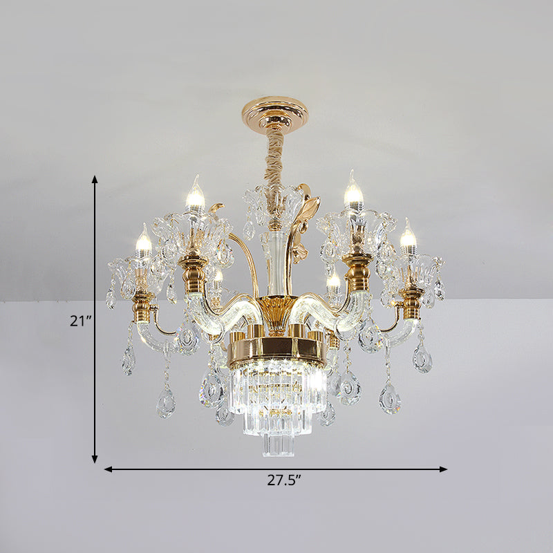 Clear Glass Candelabra Chandelier Traditional 6-Light Dining Room Ceiling Suspension Lamp in Gold with Cystal Accent