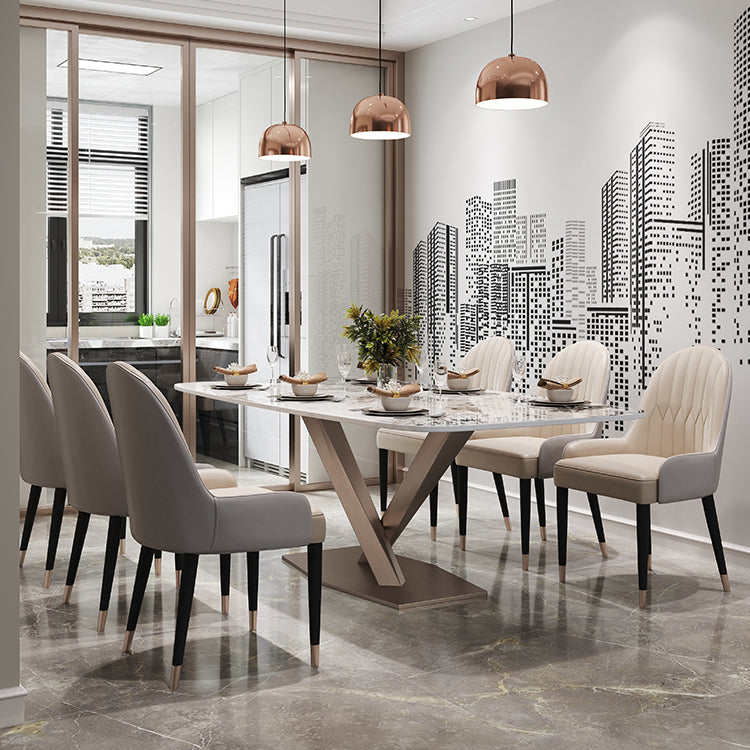 Luxury Rectangular Stone Top Dining Table with Gold Steel X-Base