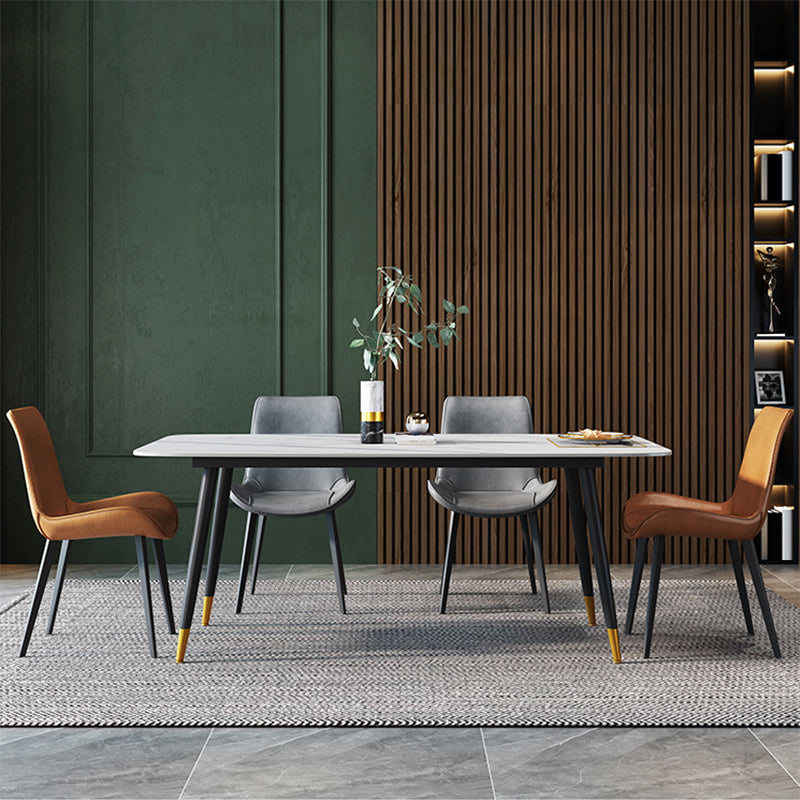 Contemporary Rectangular White Stone Dining Table with 4 Steel Foot