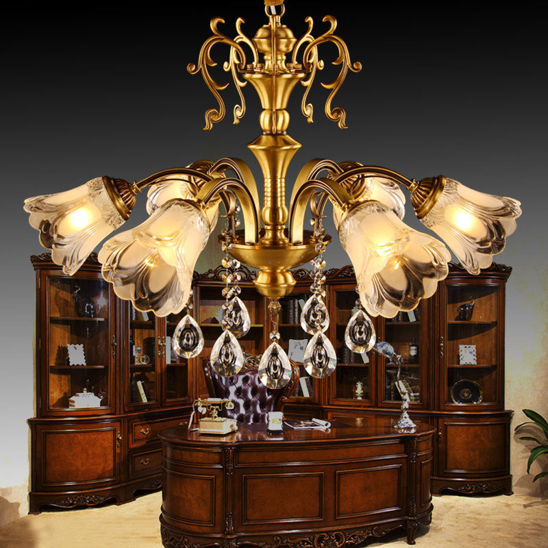 Brass Flower Pendant Chandelier Retro Clear Glass 6 Lights Living Room Hanging Lamp with Crystal Drape