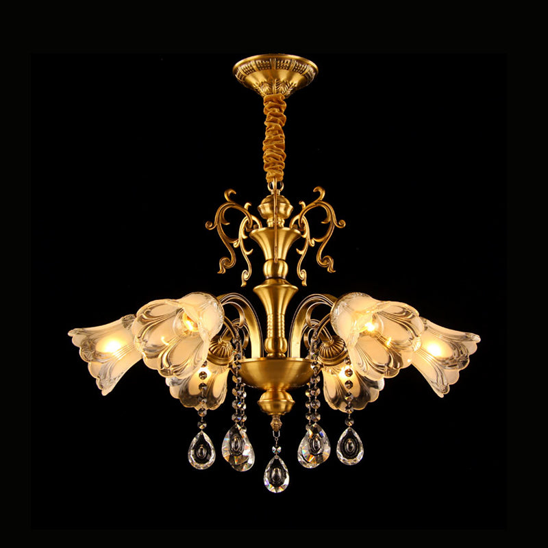 Brass Flower Pendant Chandelier Retro Clear Glass 6 Lights Living Room Hanging Lamp with Crystal Drape