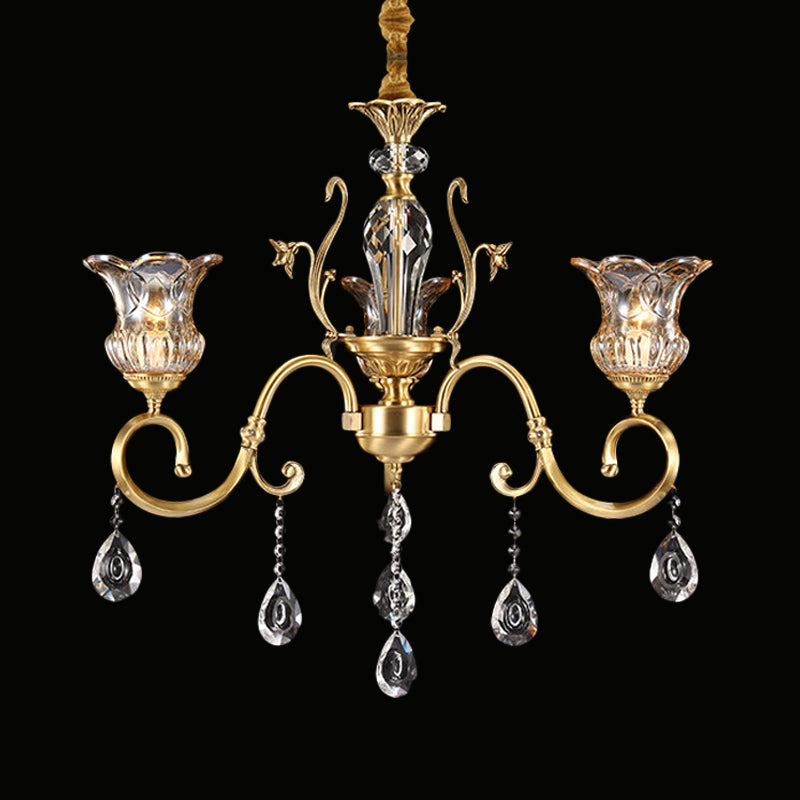 3 Bulbs Bellflower Hanging Light Vintage Brass Clear Glass Up Chandelier with Scroll Arm and Crystal Drop